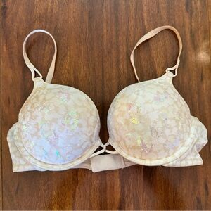 Victoria’s Secret Miraculous Plunge Bra 36B Adds 2 Cup Sizes Sequin Nude Leopard